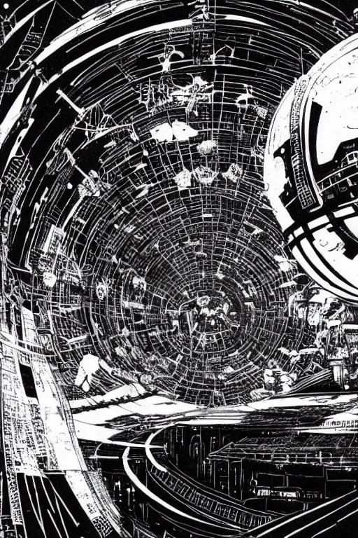 Prompt: Soviet infinite megastructure space by Tsutomu Nihei