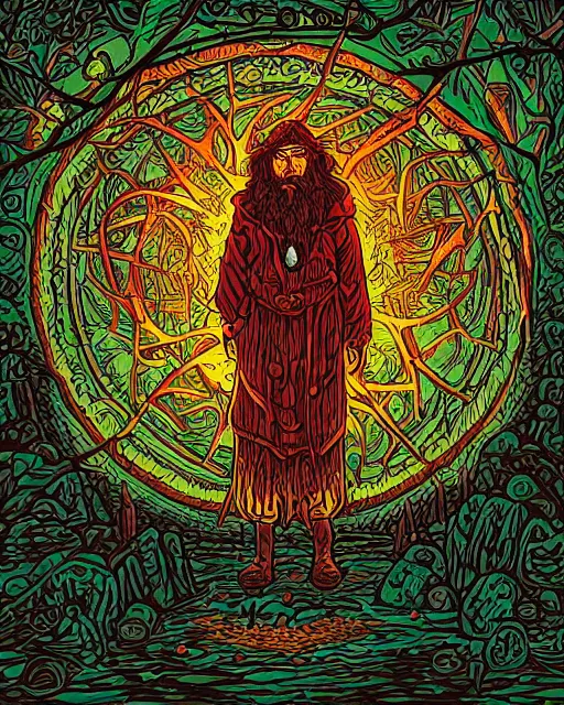 Prompt: a druid standing in a circle at the beginning of the world by dan mumford