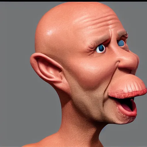 Prompt: 1 9 9 2 cgi test of bald man with mouth wide open in a cartoony fashion on gray background