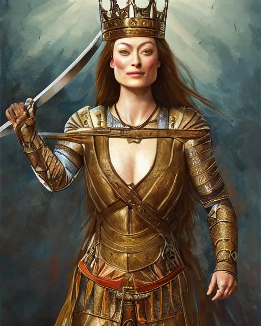 Prompt: realistic detailed of painting of Olivia Wilde as a medieval queen wearing a renaissance colorful dress, leather armor, sword in hand, backlit, made by N.C. Wyeth and Karol Bak, Artstation, 2d digital art sfw,