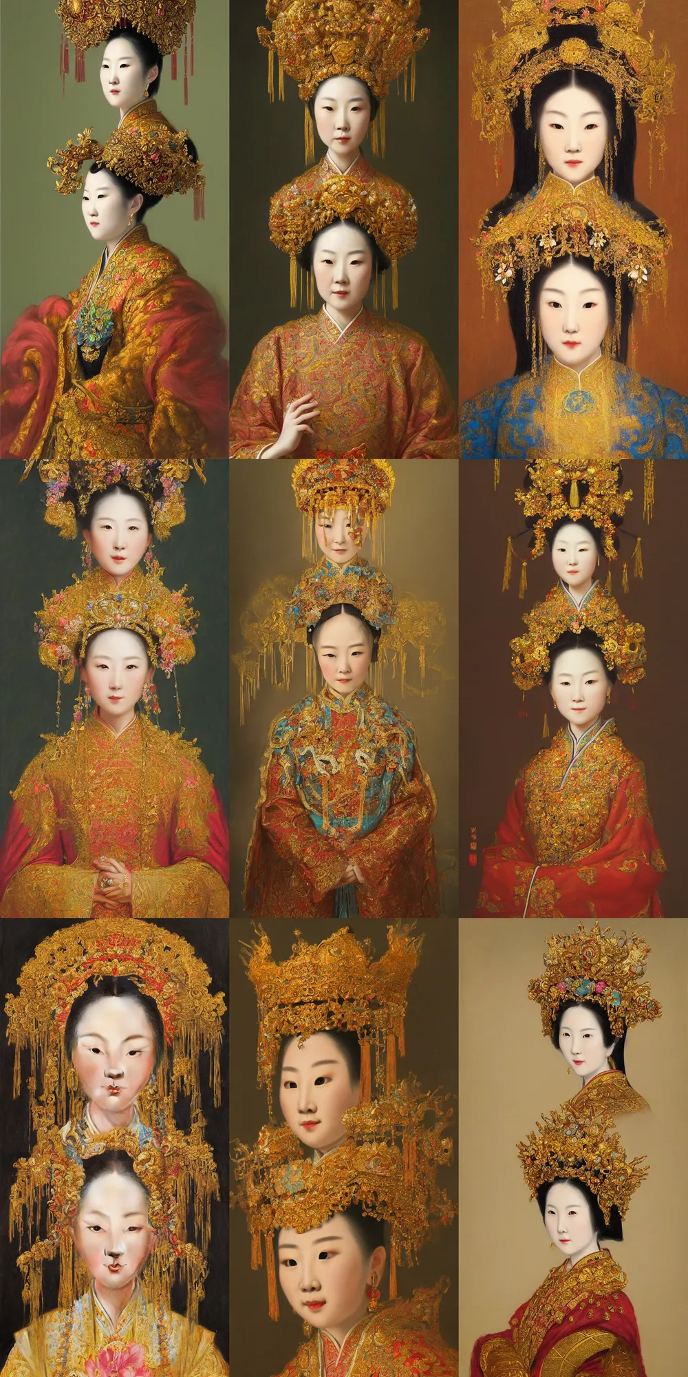 Prompt: a highly detailed romantic period style oil painting of a beautifully lit Chinese empress wearing an ornate golden headdress by Josep Tapiró Baró, trending on artstation, masterpiece, symmetry