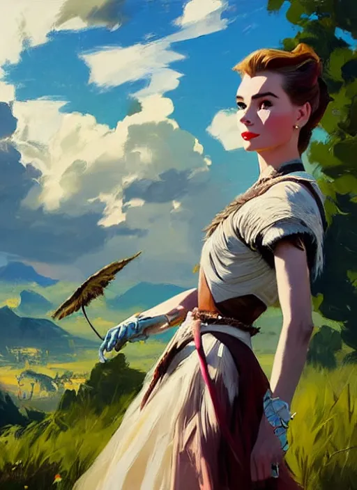 Image similar to A combination of Grace Kelly’s and Audrey Hepburn's appearance as Aloy from Horizon Zero Dawn, countryside, calm, fantasy character portrait, dynamic pose, above view, sunny day, thunder clouds in the sky, artwork by Jeremy Lipkin and Giuseppe Dangelico Pino and Michael Garmash and Rob Rey and Greg Manchess, very coherent asymmetrical artwork, sharp edges, perfect face, simple form, 100mm