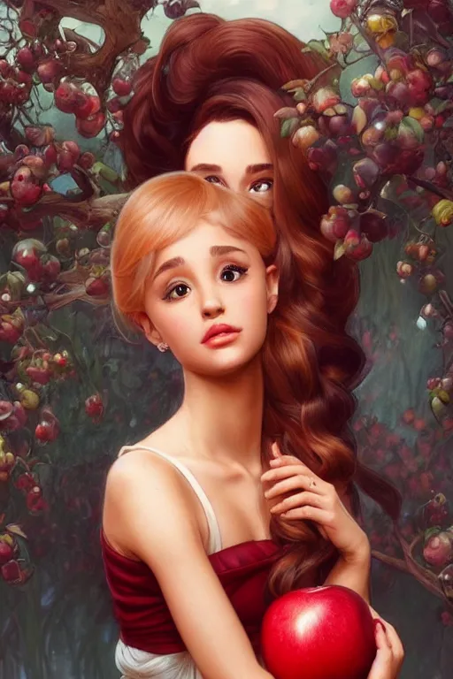 Image similar to beautiful cottagecore Ariana Grande holding a Red Apple, intricate, elegant, highly detailed, digital painting, artstation, concept art, smooth, sharp, focus, illustration, art by artgerm and greg rutkowski and alphonse mucha