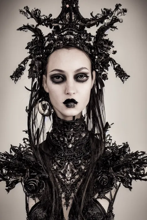 Image similar to a portrait of female model by stefan geselle and nekro borja, photorealistic, intricate details, hyper realistic, dark fantasy, ornate headpiece, dark beauty, photorealistic, canon r 3, photography, wide shot, photography, dark beauty, symmetrical features, wide angle shot, whole body, full body shot, 3 / 4 shot