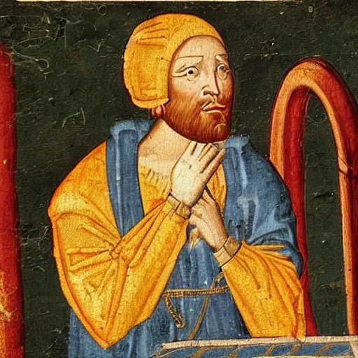 Image similar to Medieval painting of a man listening to sick beats on his headphones