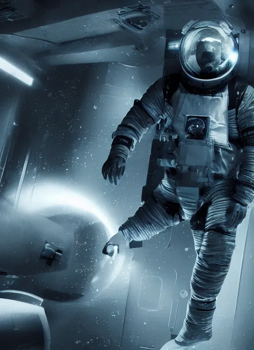 Prompt: cgi poster by craig mullins astronaut in futuristic dark and empty spaceship underwater. infrared glowing lights. complex and hyperdetailed technical suit. reflection and dispersion materials. rays and dispersion of light. volumetric light. 5 0 mm, f / 3 2. noise film photo. flash photography. unreal engine 4, octane render. interstellar movie art