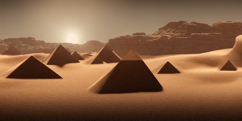 Prompt: a wide desertic matte painting landscape with ancient egyptian temple buried in the sun. big sand dunes. under a white sky with black stars. a monstrous sphynx between the dunes on the horizon. eerie lighting. photorealistic. artstation. hd.