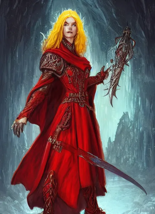 Image similar to bright red cloak female priest, ultra detailed fantasy, dndbeyond, bright, colourful, realistic, dnd character portrait, full body, pathfinder, pinterest, art by ralph horsley, dnd, rpg, lotr game design fanart by concept art, behance hd, artstation, deviantart, hdr render in unreal engine 5