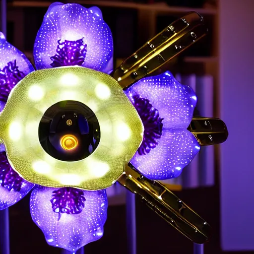 Prompt: an orchid flower, robotic, made of metal, shiny, LED lights, glowing, unreal engine