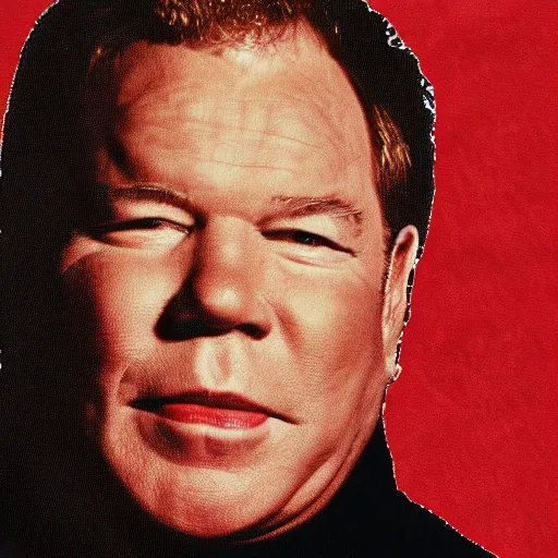 Prompt: william shatner wearing a gold shirt with black collar, digitla art