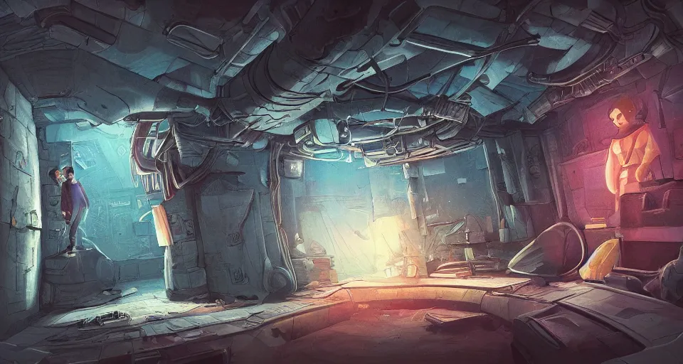 Image similar to A beautiful artwork illustration, level design, third person, an escape room in a small, cramped space ship, featured on artstation, wide angle, horizontal orientation