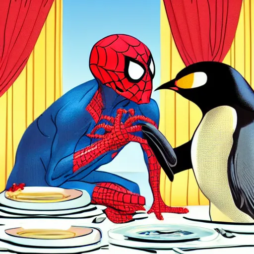 Prompt: spider man in a romantic dinner with an emperor penguin