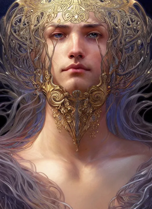 Prompt: a god of water, with hands and hair turning into water, fantasy, intricate, elegant, highly detailed, digital painting, artstation, concept art, wallpaper, smooth, sharp focus, illustration, art by artgerm and greg rutkowski and alphonse mucha