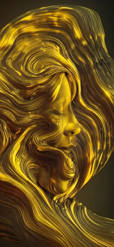 Prompt: epicillustration, abstract sculpture of beautiful female face and black swirling liquifying acrylic portrait, fluffy clouds, glowing edges, golden hour, beautiful light, 3 d sculpture of carving marble, dark colors, dark mood, one point light, golden spirals, epic matte painting, concept art, digital painting