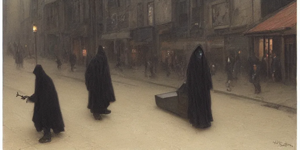 Prompt: a cloaked man dragging a black wooden coffin down the street by a chain lit only by gas lamps by john howe and henry ossawa tanner, trending on artstation, hyperrealism, highly detailed, art gallery, museum piece