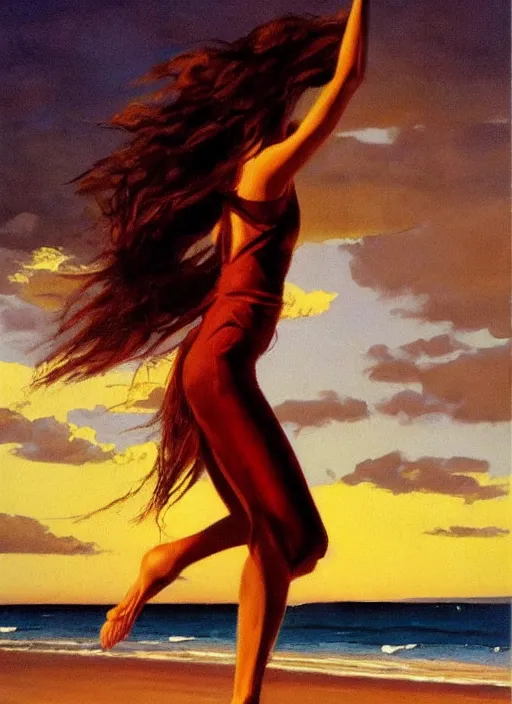 Prompt: painting of a girl with long brown hair dancing alone on a tropical beach. highly detailed, dramatic lighting, intense shadows, rich deep colours, by jack vettriano