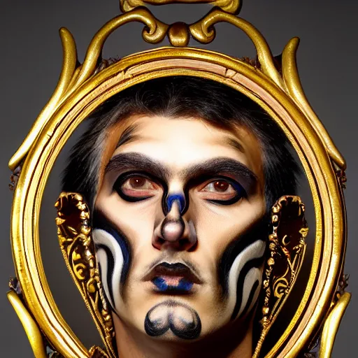 Image similar to an award finning closeup facial portrait by akseli kallen gallela luis rogyo and john howe of a bohemian male cyberpunk traveller clothed in excessively fashionable 8 0 s haute couture fashion and wearing ornate art nouveau body paint