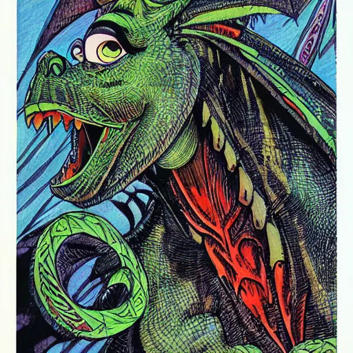 Prompt: portrait of dragon from shrek by Philippe Druillet