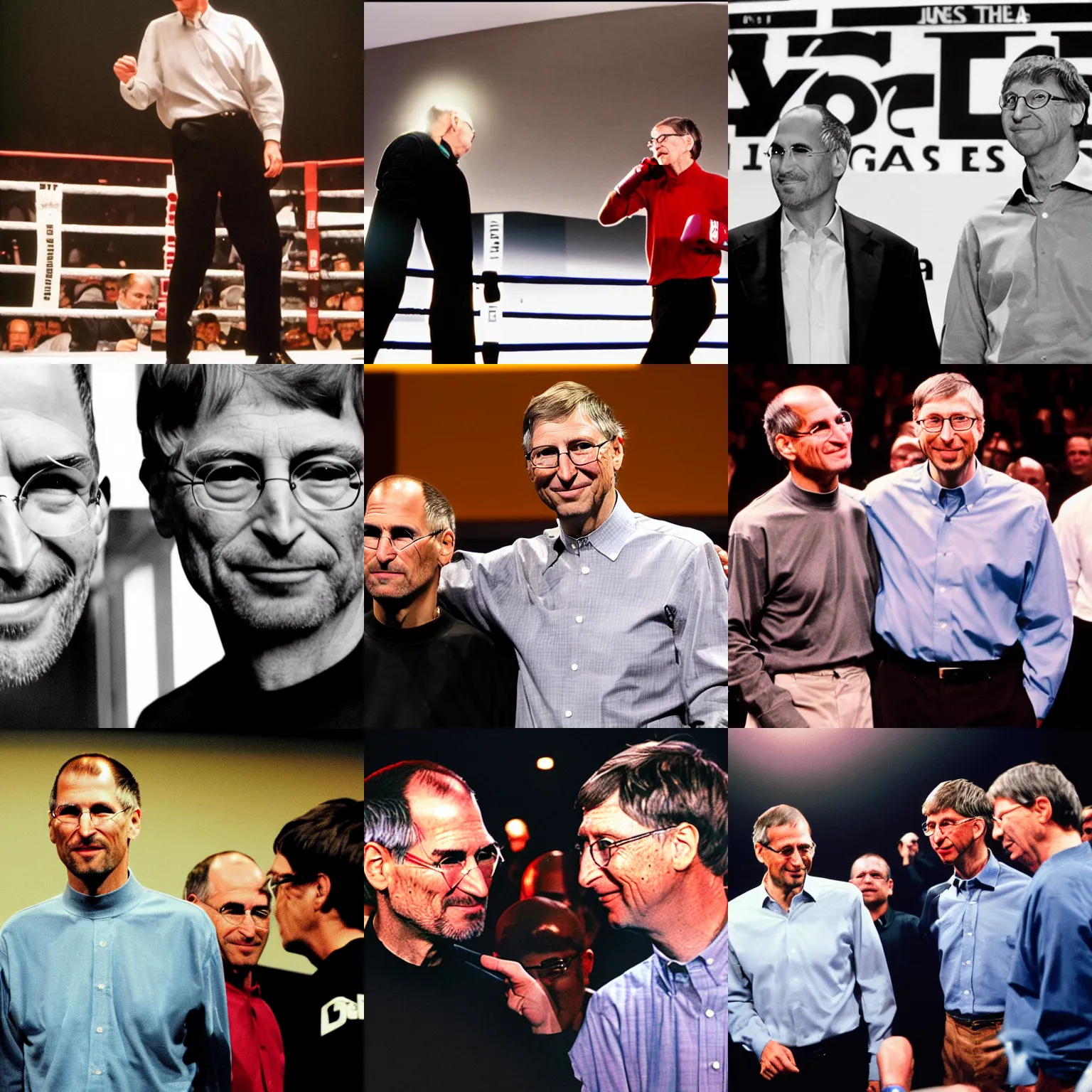 Prompt: steve jobs boxing bill gates, las vegas prize fight, perfect lighting, high quality photo,