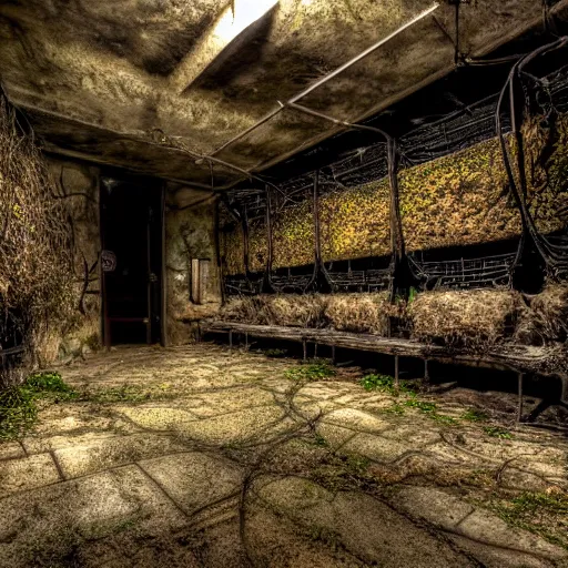 Image similar to you wake up on a cold bench, you look around. you find out that you are locked inside a musky cold abounded cellar with vines, moss and mushrooms growing around you, realistic, hdr, clear image, hdd, rtx on, dynamic lighting,