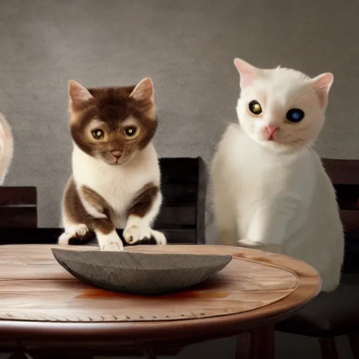 Prompt: Evil cats sitting around a table with a map of the world plotting world domination hyper realistic 8k