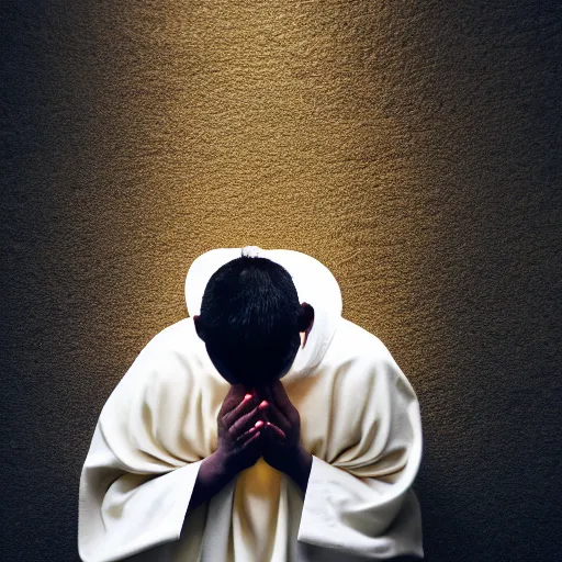 Prompt: A terrified young catholic priest wearing white kneeled in passionate prayer. His eyes are wide open with fear. Ominous dramatic yellow lighting. Close-up shot from above, 4K photograph, 85mm sigma