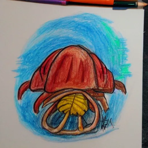 Prompt: Kid's drawing of a Hermit crab with a mustahce