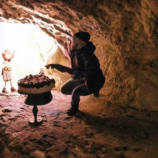 Prompt: an adventurer finding a cake in a dark mysterious cave