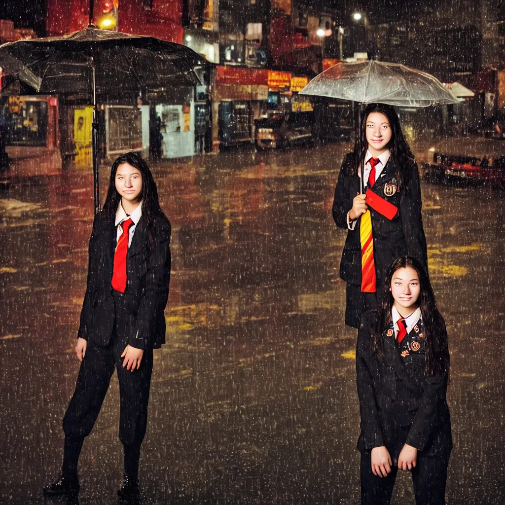 Image similar to night flash portrait photography of a high school girl in uniform on the lower east side by annie leibovitz, colorful, nighttime!, raining!