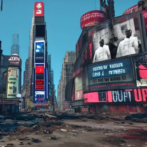 Image similar to Times Square in ruins post-nuclear war in Fallout 4, in game screenshot