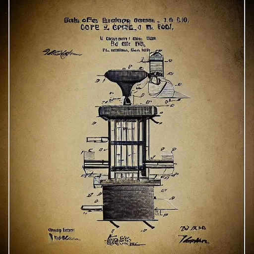 Image similar to plans for a coffee mill as drawn by thomas edison. patent filing. detailed. hd