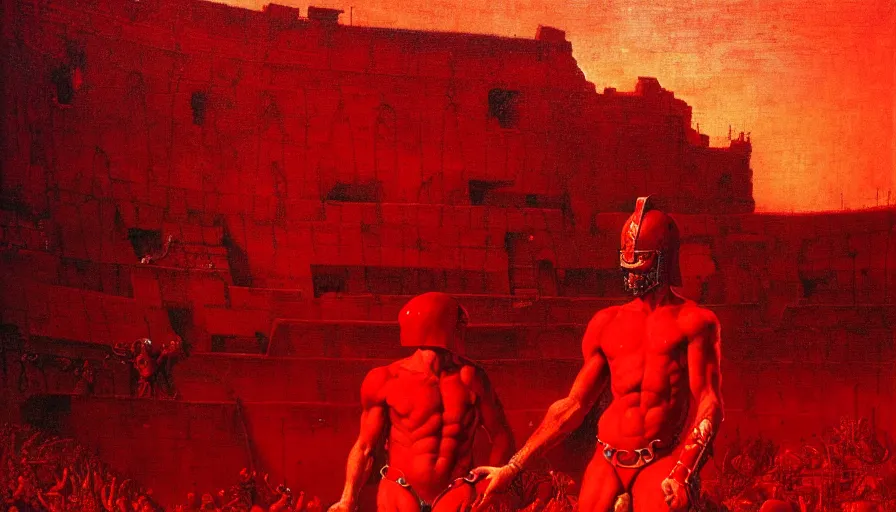 Image similar to only with red, a red gladiator in a crowded roman amphitheatre, crowd cheers him, in the style of beksinski and edward hopper and rodcenko and yue minjun, intricate and epic composition, red by caravaggio, highly detailed, masterpiece, red light, artstation