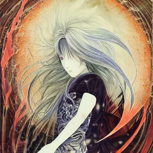 Prompt: yoshitaka amano blurred and dreamy realistic illustration of a japanese woman in anime style with black eyes, wavy white hair fluttering in the wind wearing elden ring armor with engraving, abstract patterns in the background, satoshi kon anime, noisy film grain effect, highly detailed, renaissance oil painting, weird portrait angle, blurred lost edges, three quarter view