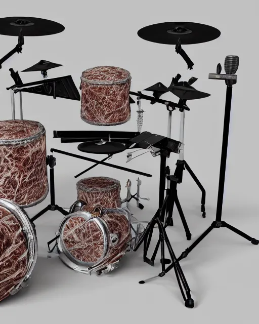 Image similar to a photo realistic drum kit made of skin, bone, sinew and muscle tissue, 8 k octane render highly detailed in the style of h. r. giger.