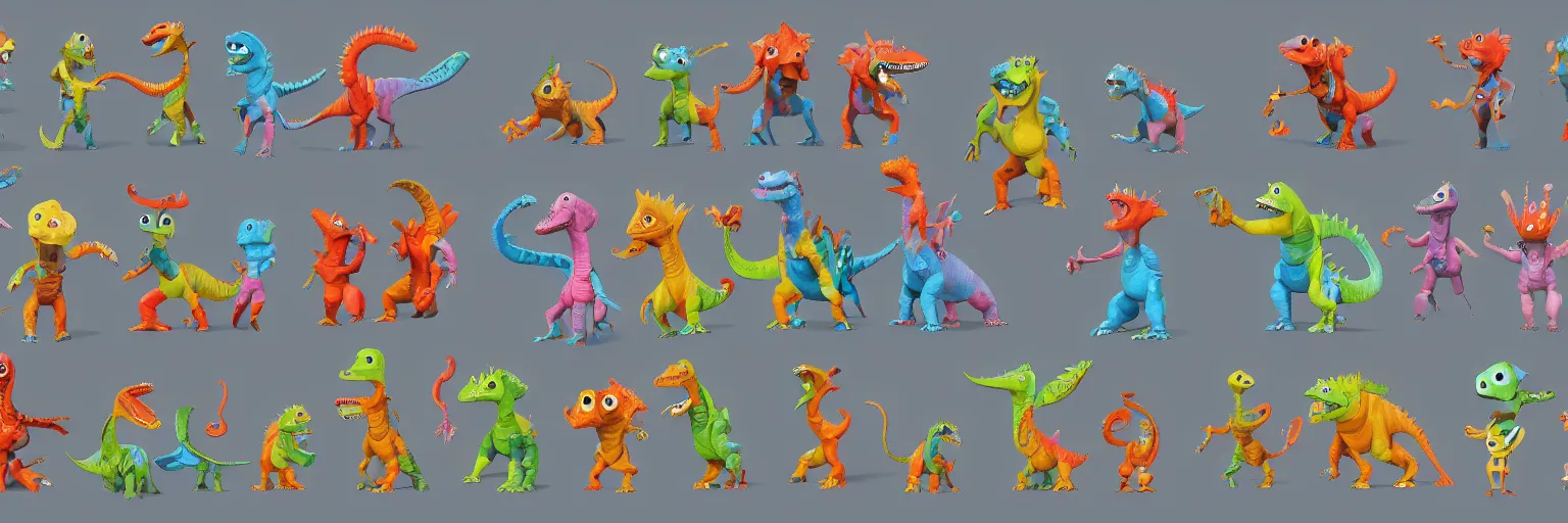 Prompt: concept sheet of cute colorful 3 d family characters for kids assisting a concept machine. cute bipedal robo - dinosaurs, big head and eyes, primitive shapes and forms, reflective like candy, concept art, 8 k, artstation