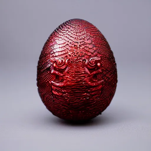 Image similar to red dragon egg, hyper detailed, hyper realistic, sparkling, jewel, game of thrones, symmetrical, 8 k, scales