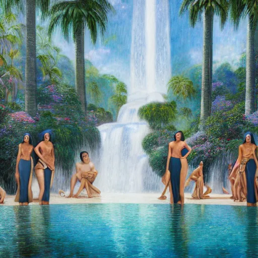 Image similar to a ultradetailed beautiful painting of the kardashians standing in front of the diamonds waterfall in the amazonas palace balustrade designed by jules bastien - lepage, tarsila do amaral, frank weston and gustave baumann, beach, trending on artstation, mediterranean, palm trees, sharp focus, soft light, 8 k 4 k