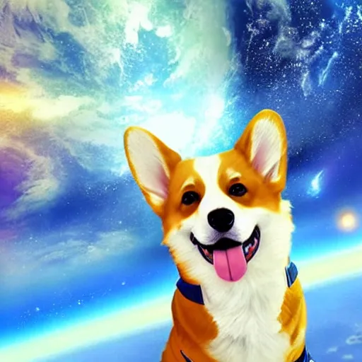Prompt: a heroic corgi cosmonaut in outer space, anime, kyoto animation, beautiful, exquisite