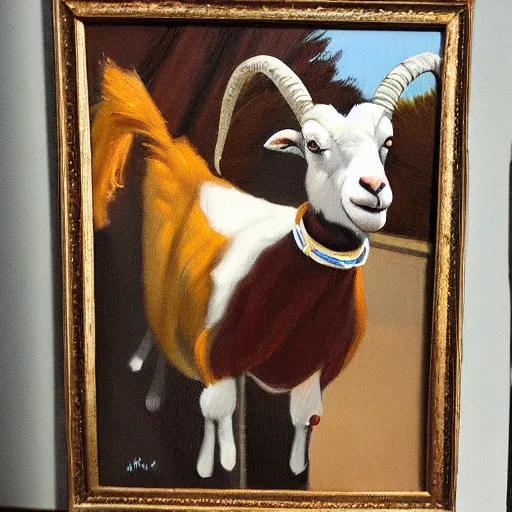 Image similar to oil painting of an anthro goat wearing suspenders