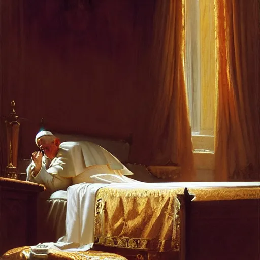 Image similar to the pope wakes up is his bed, sweating, nervous, terrified, because a double horned shadow demon lurks in the curtains of the papal bedroom. highly detailed painting by gaston bussiere, j. c. leyendecker, greg rutkowski, craig mullins 8 k