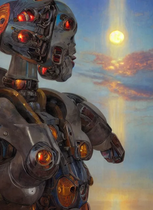 Image similar to biblical shy beautiful female mecha mage android robot casting spells, heavy eyes to the side, closeup, bright glowing veins, in clouds, sunset, portrait, by gerald brom, by mikhail vrubel, by peter elson, muted colors, extreme detail, reflections, trending on artstation, 8 k