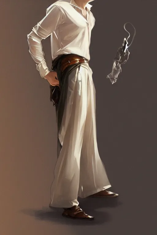 Prompt: full figure portrait of a single beautiful young fit man, dressed of modern transparent fluent shirt and large pants, by greg rutkowski and alphonse mucha, d & d character, interior design background, highly detailed portrait, digital painting, artstation, concept art, smooth, sharp focus ilustration, artstation hq