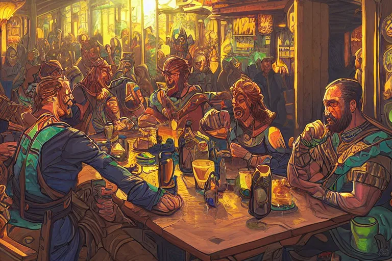 Image similar to warriors drinking at a table, irish, detailed faces, digital art, beautiful lighting, happy atmosphere, trending on artstation, by Dan Mumford