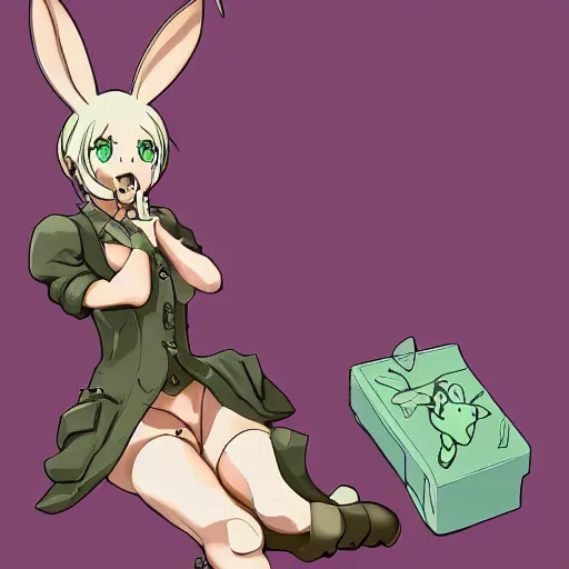 Image similar to britney spears, bunny suit, artwork in made in abyss art style, inspired in balthus, clean details, color palette, candy, anatomically proportional