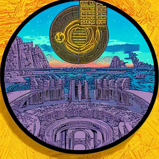 Image similar to ancient ruins, synthwave, moon, stargate, die cut sticker art by Dan Mumford and by Michael Whelan