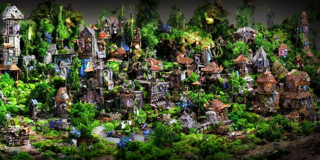 Image similar to PC motherboard village, fantasy, trees, green plants, broken parts, houses on motherboard, mold, tiny villagers, PC hardware, high quality, highly detailed