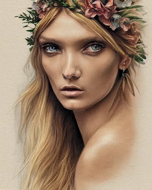 Image similar to realism tattoo sketch of lily donaldson as a beautiful greek goddess aphrodite with piercing eyes wearing a laurel wreath and triangle earrings, in the style of greg rutkowski, amazing detail