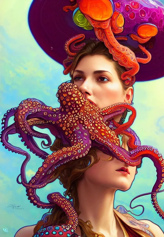 Prompt: close up of a beautiful woman wearing a colourful octopus as a hat, fantasy, intricate, elegant, highly detailed, digital painting, artstation, concept art, smooth, 8 k, sharp focus, illustration, art by artgerm and greg rutkowski and alphonse mucha
