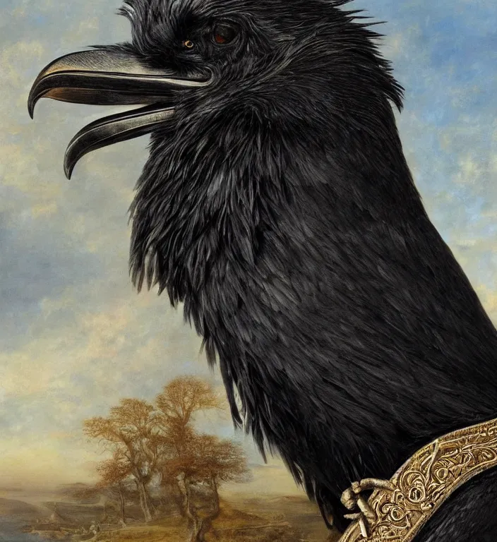 Image similar to a breathtakingly stunningly beautifully highly detailed portrait of a majestic raven, by sidney cooper and rosetti and michael cheval and turner, 4 k