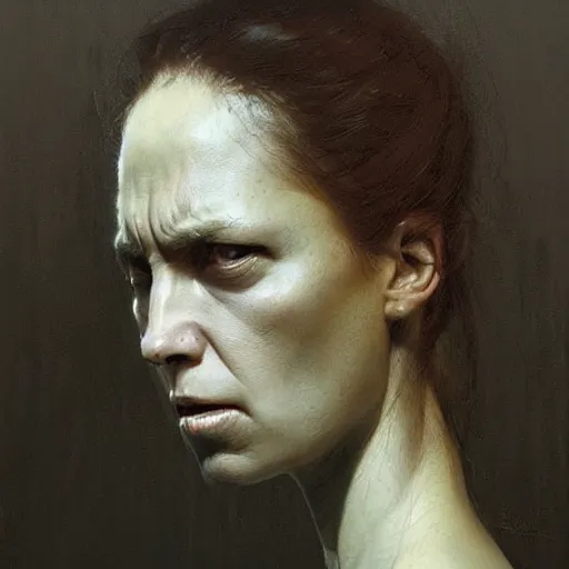 Image similar to A portrait of a woman, angry face, art by Greg Rutkowski and Zdzisław Beksiński